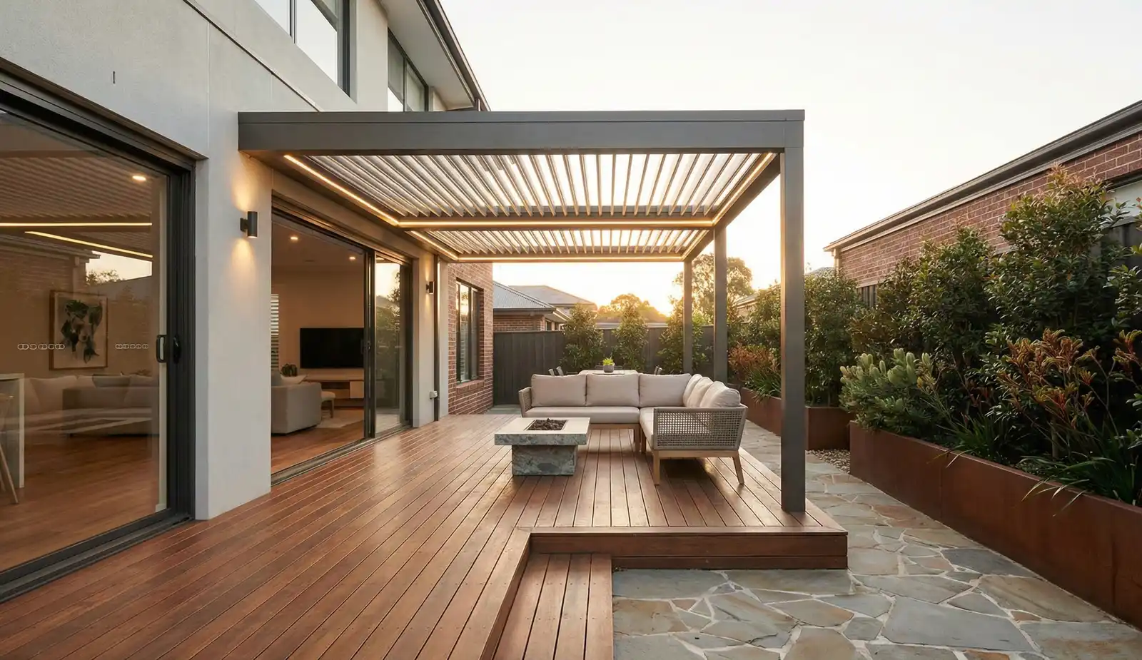 Modern outdoor entertaining area in Donvale with timber deck and pergola